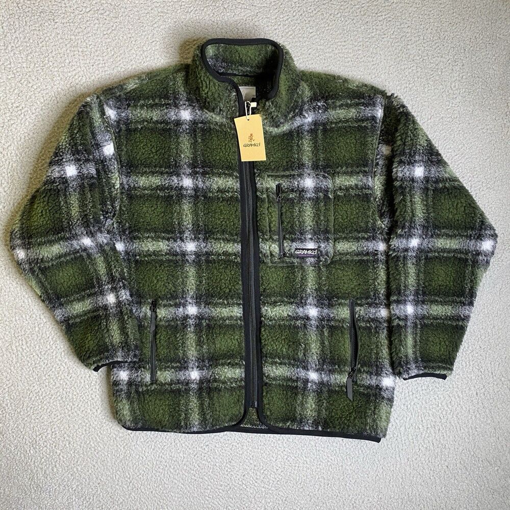 Gramicci Sherpa Jacket Adult Medium Full Zip Mockneck Olive Shadow Plaid NWT